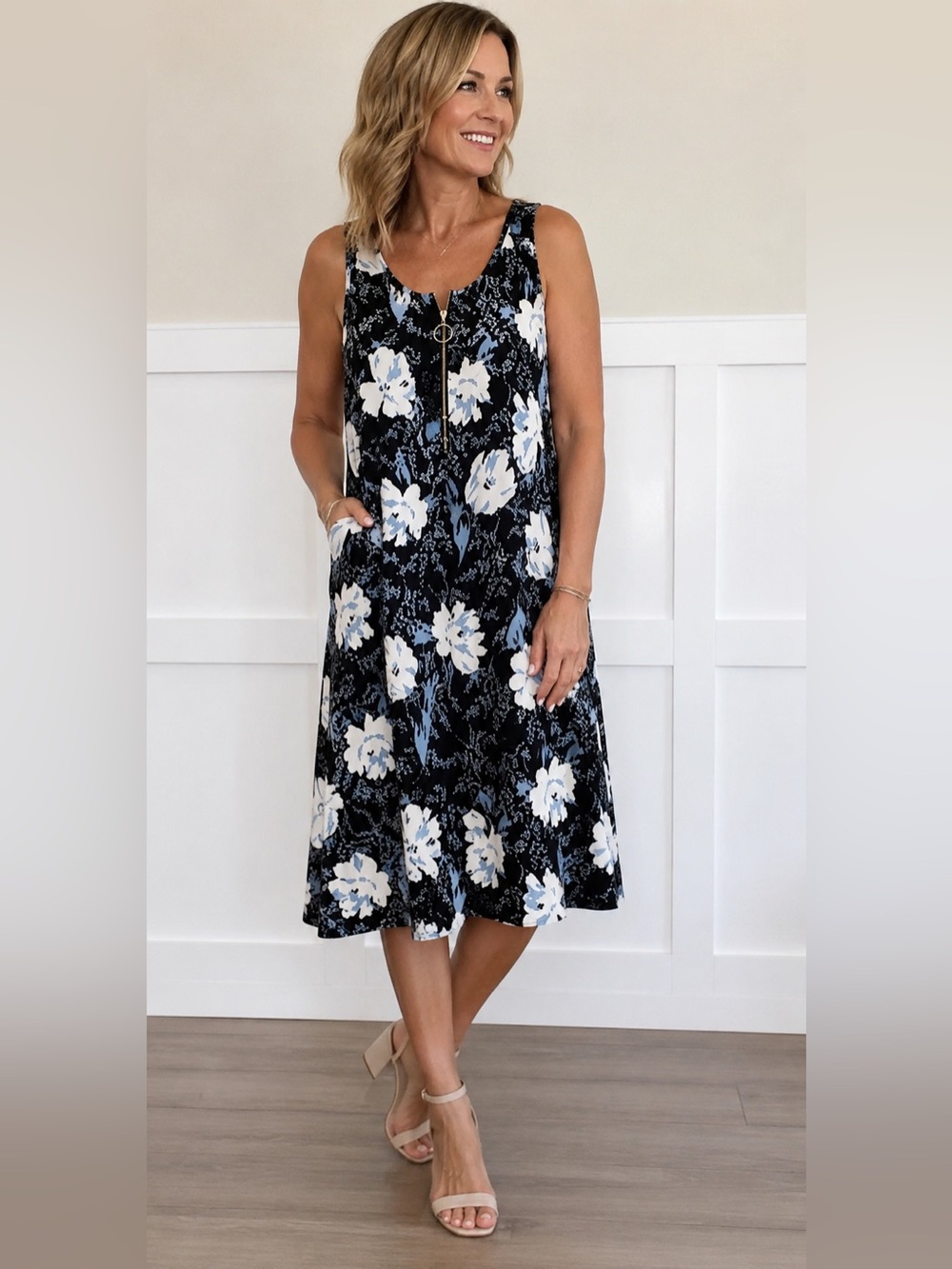 Sleeveless Floral Midi Dress with Zip Detail - Black/White/Blue